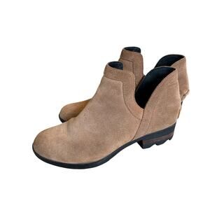 Sorel Lolla II Cutout Booties Women’s Size 6.5 Brown Suede Stacked Heel see FLAW